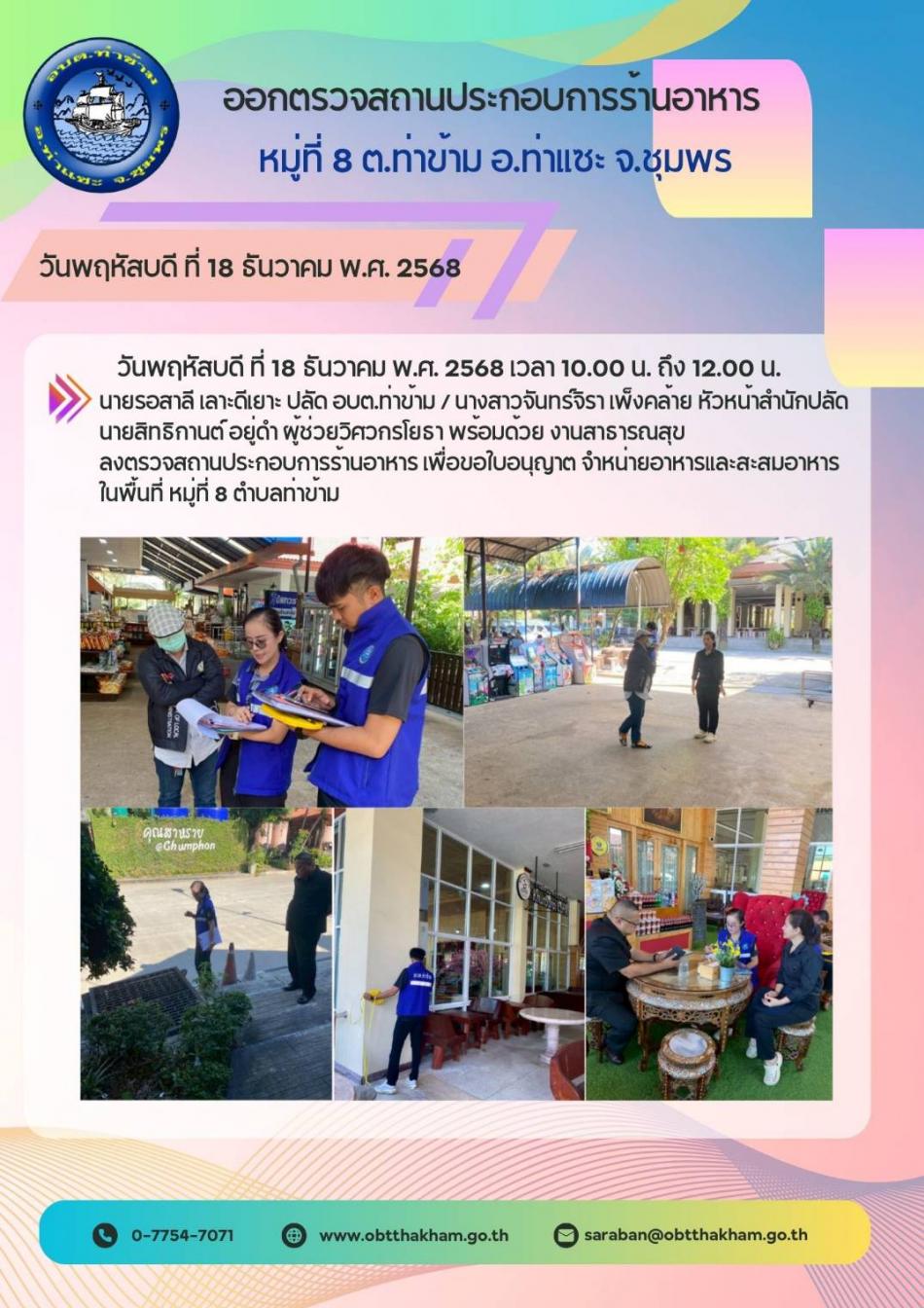 ออกตรวจสถานประกอบการร้านอาหาร  หมู่ที่ 8 ตำบลท่าข้าม 