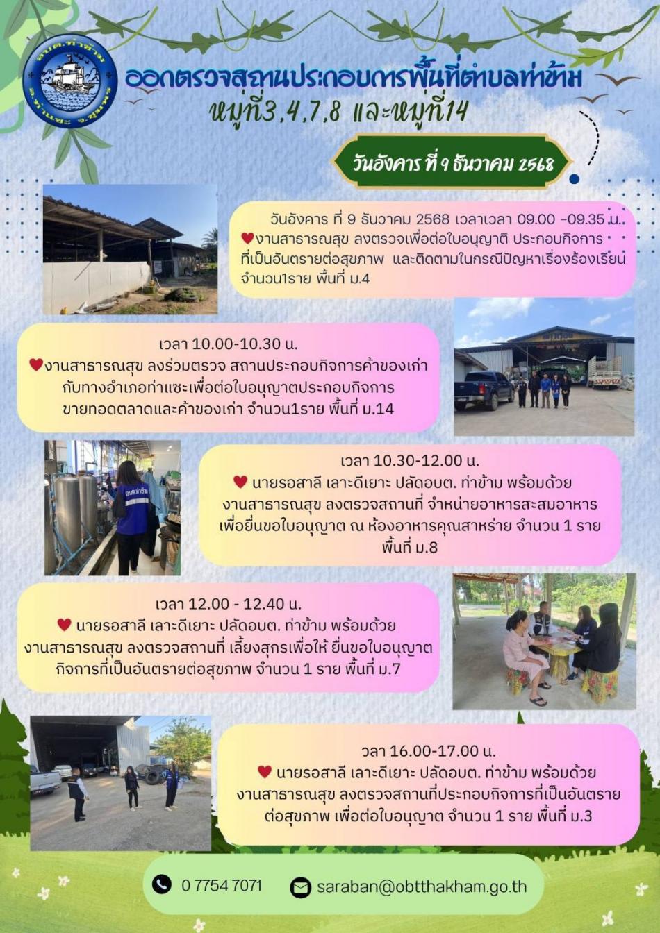 ออกตรวจสถานประกอบการพื้นที่ตำบลท่าข้าม หมู่ที่ 3,4,7,8 และหมู่ที่ 14 