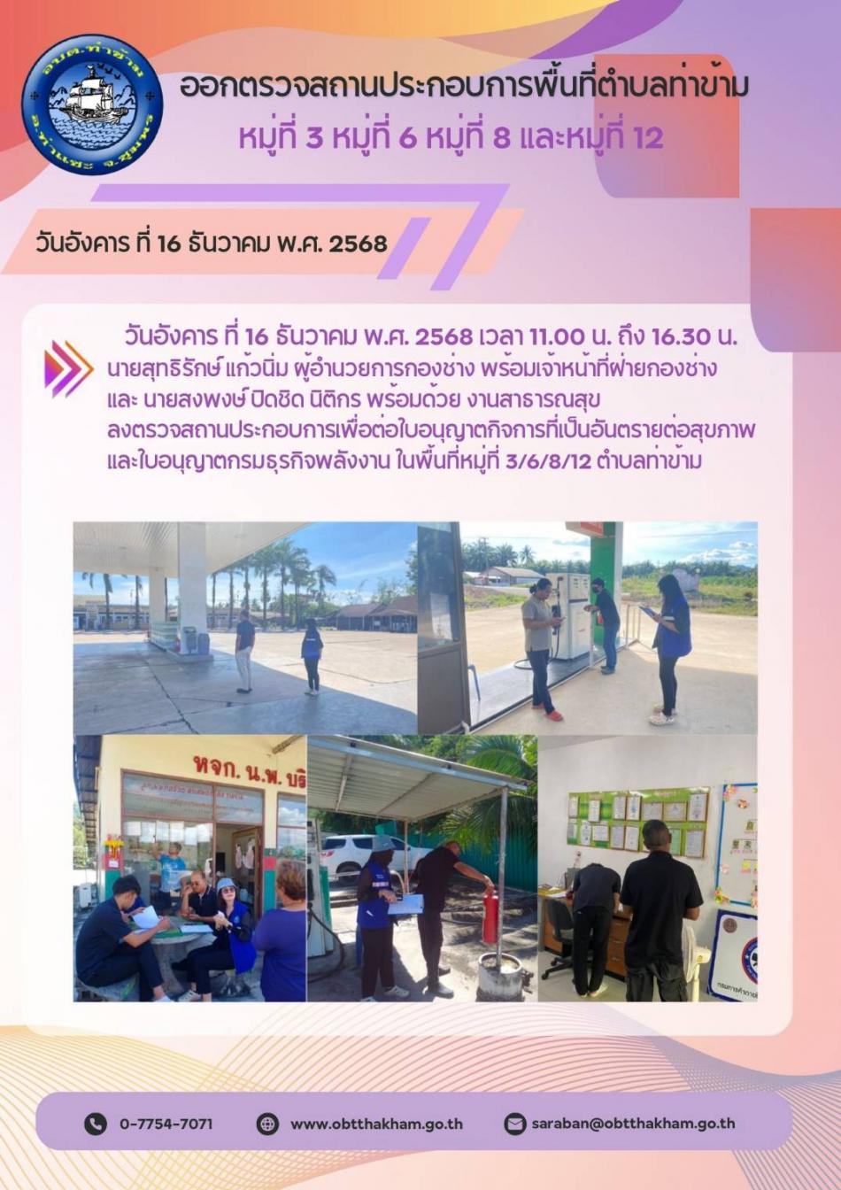 ออกตรวจสถานประกอบการพื้นที่ตำบลท่าข้าม หมู่ที่ 3,6,8 และหมู่ที่ 12  เพื่อต่อใบอนุญาตกิจการที่เป็นอันตรายต่อสุขภาพ และ ต่อใบอนุญาตกรมธุรกิจพลังงาน 